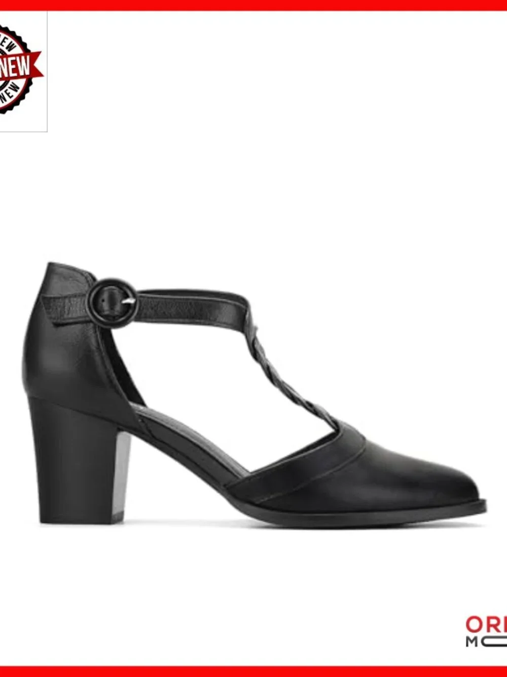 Chunky Heel T-Strap Pumps, Pointed Toe, Faux Leather, Adjustable Buckle